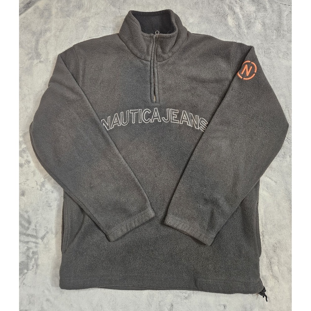 Nautica Jeans Men's Size Spell Out Fleece Quarter Zip Pullover Size Small Gray
